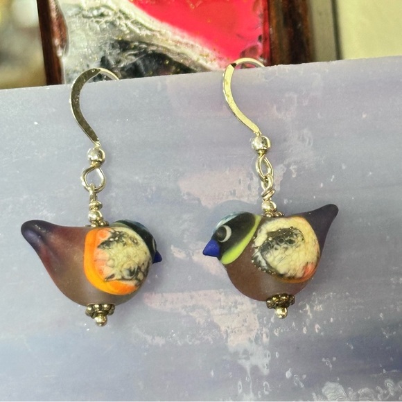 Handcrafted Glass Enamel Bird Earrings – Artisan Dangle Hand Painted 925 Silver - Picture 4 of 11